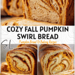 Golden Pumpkin Cinnamon Swirl Sourdough Loaf sliced on a wooden board showing its soft cinnamon layers. 2
